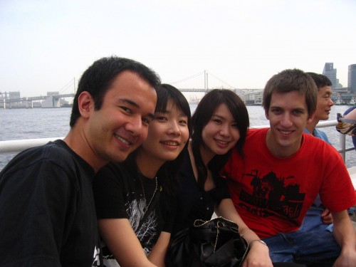 Friends on the busboat to Odaiba